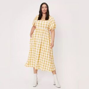Nasty Gal Yellow Checkered Smocked Midi Dress NWT